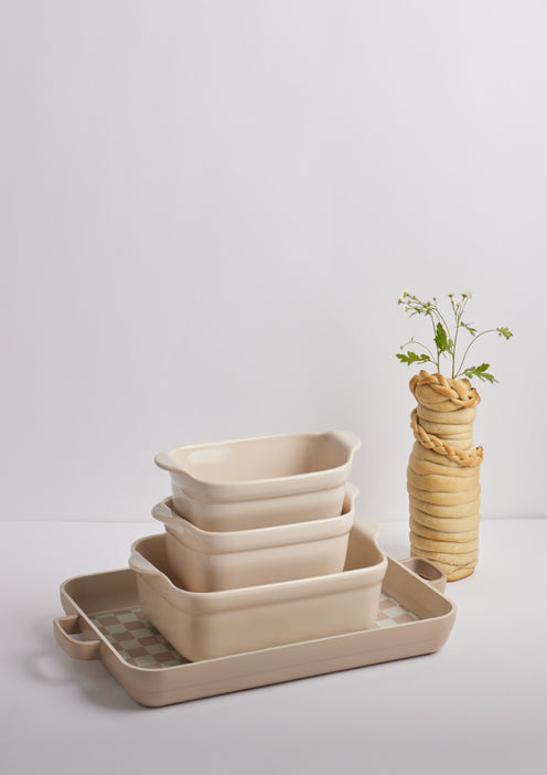 beige bakeware set stacked