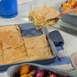 blue griddle pan serving spinach baklava