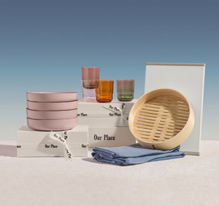 Shop Our Place Gifts Under 50 - includes dinner bowls, short glasses, daily board, double dish towels and spruce steamer