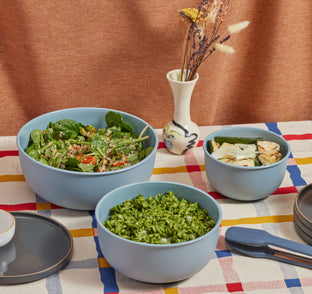 blue salt better bowl set with food served on table