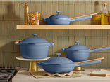 blue salt cookware set - mini always pan, perfect pot, always pan and mini perfect pot on counter