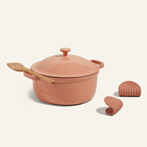 Pink Cast Iron Perfect Pot with hot grips and scraper