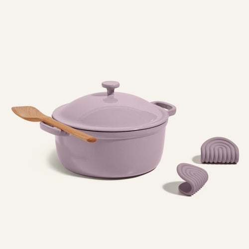 Purple Cast Iron Perfect Pot with hot grips and scraper