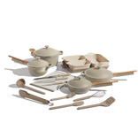 Beige Always Pan Mini Always Pan Perfect Pot Mini Perfect Pot Bakeware Set Utensil Essentials Cutting Board and knives bundle