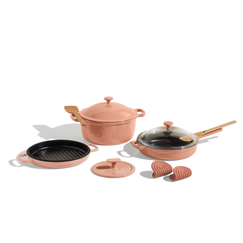 Pink Cast Iron Always Pan, Perfect Pot, Hot Grill, Grill Press, Hot Grips with Spatulas