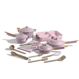 Purple and beige Always Pan Mini Always Pan Perfect Pot Mini Perfect Pot Bakeware Set Utensil Essentials Cutting Board and knives bundle