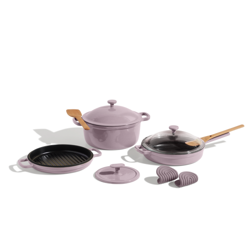 Purple Cast Iron Always Pan, Perfect Pot, Hot Grill, Grill Press, Hot Grips with Spatulas